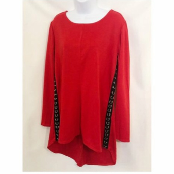 NWT Metrostyle Women's Knit Red Black Trim Asymmetric Tunic Top Size Medium - Picture 2 of 10